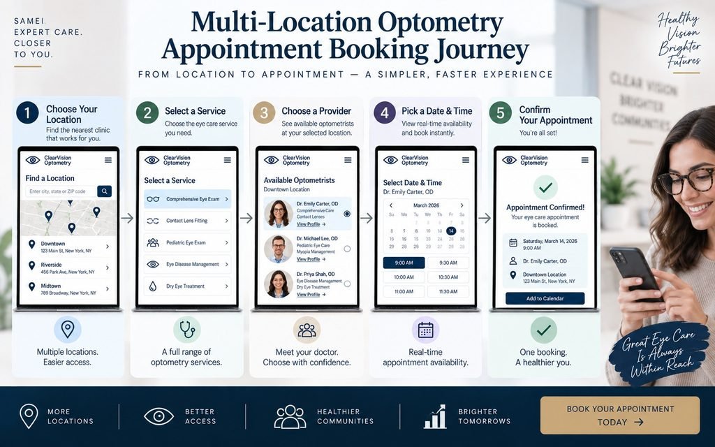 Multi-location optometry appointment booking journey from location
selection to provider and appointment