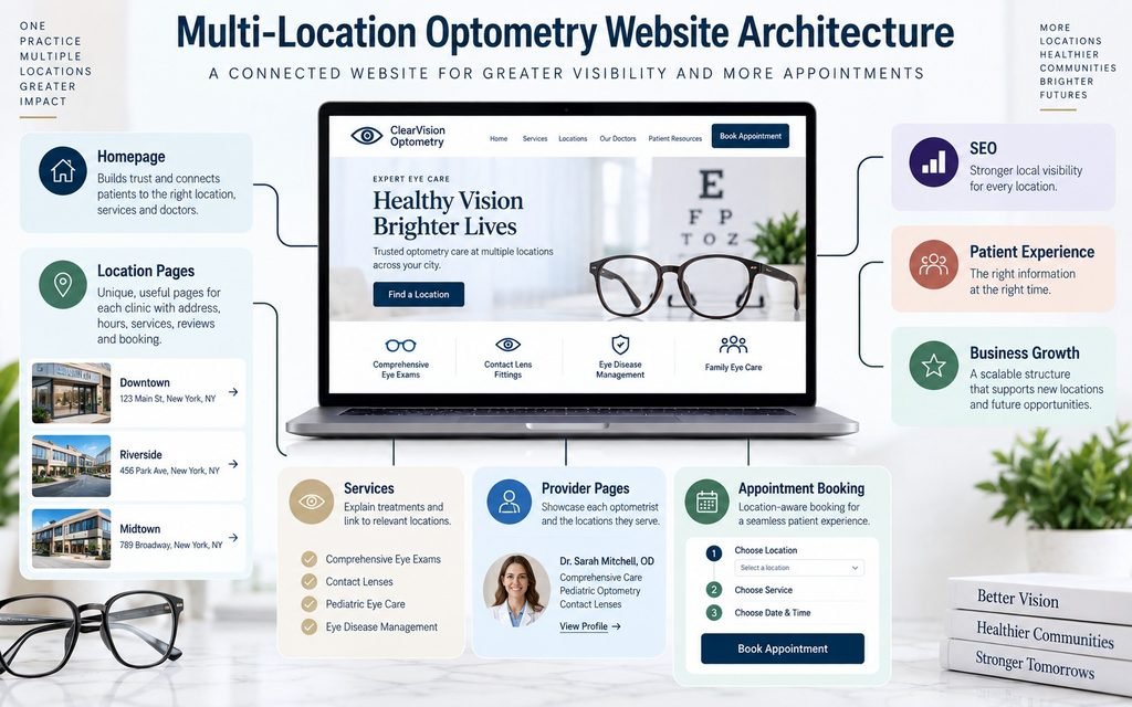 Multi-location optometry website architecture connecting locations, services, providers, and appointment booking