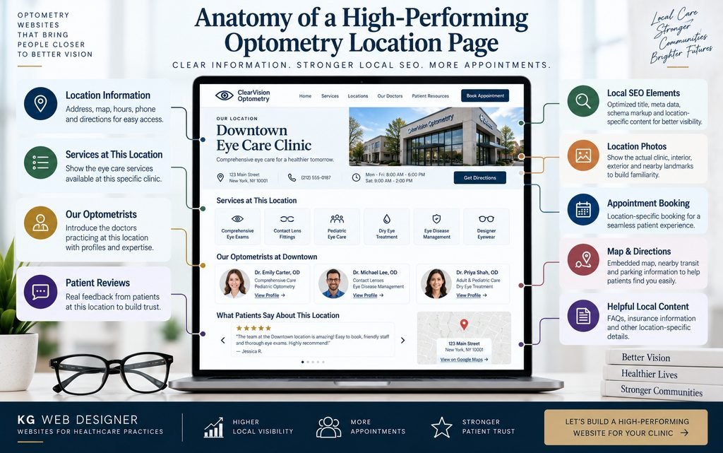Optometry location page structure showing local SEO, services,
providers, reviews, and clinic information