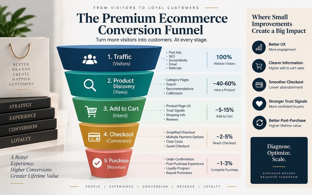 Premium ecommerce conversion funnel showing traffic, product discovery, cart, checkout, and purchase stages