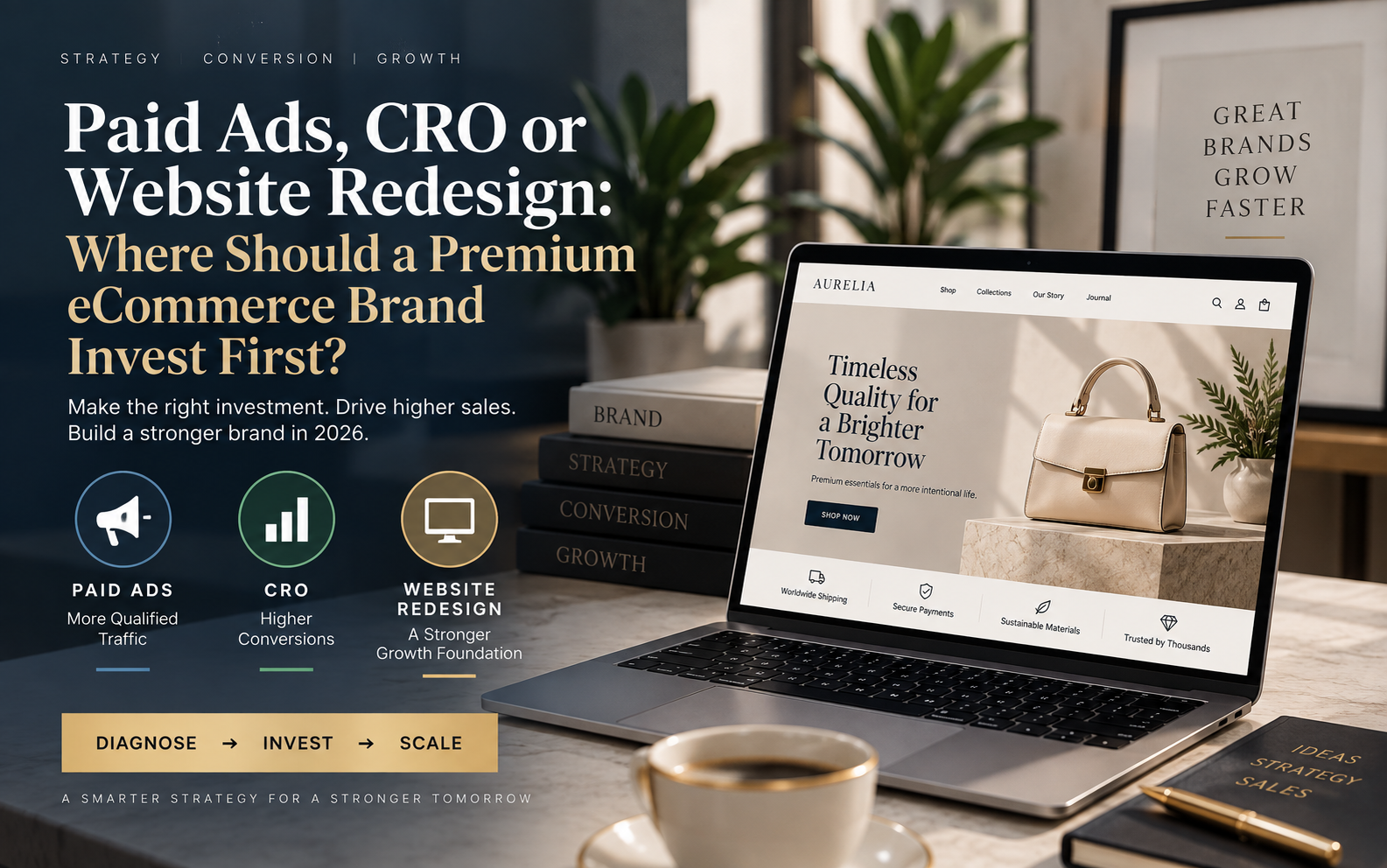 Premium ecommerce growth strategy comparing paid ads, CRO, and website redesign investment decisions