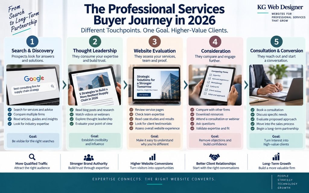 Professional services buyer journey from search and thought leadership to website evaluation and consultation