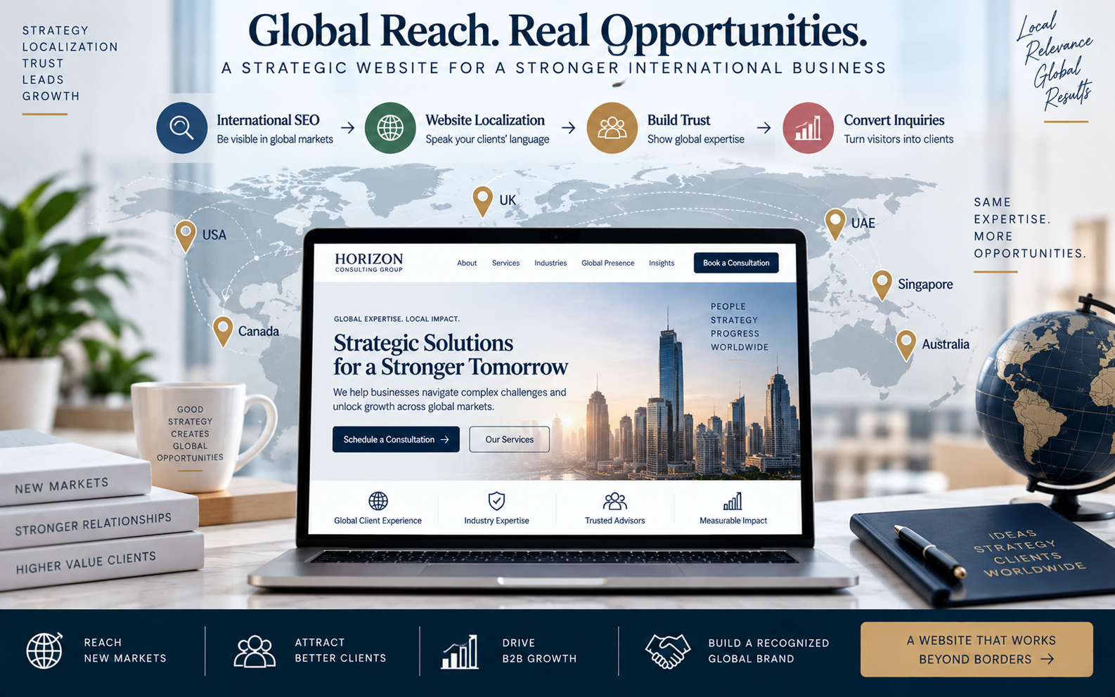 Professional services website strategy showing international SEO, localization, trust, and B2B conversion