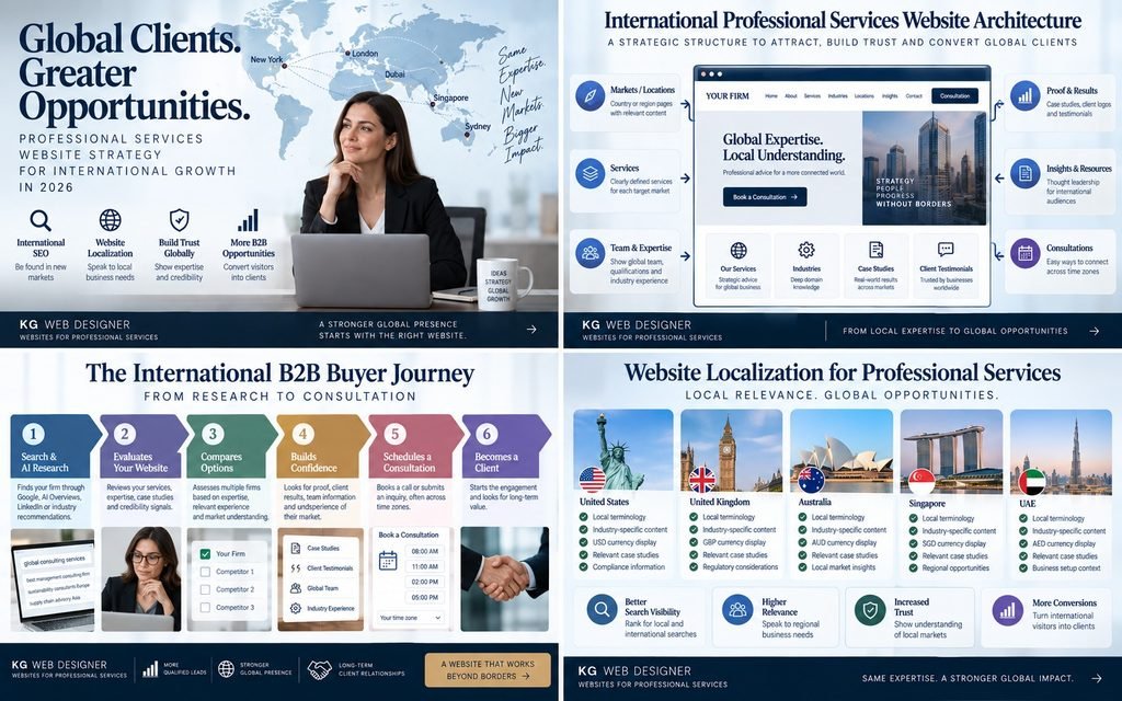 Professional services website localization showing regional SEO, language, currency, trust, and conversion elements