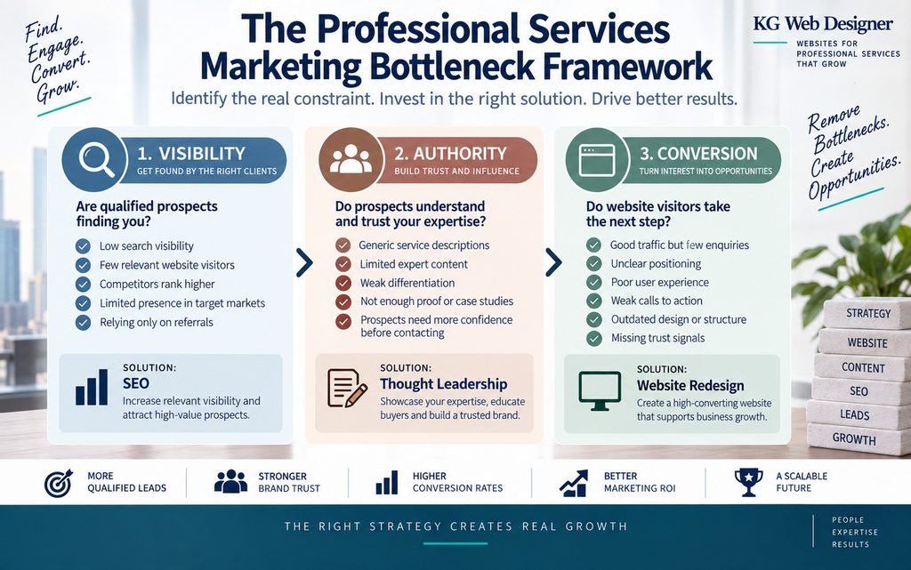 Professional services marketing framework showing visibility, authority, and website conversion bottlenecks