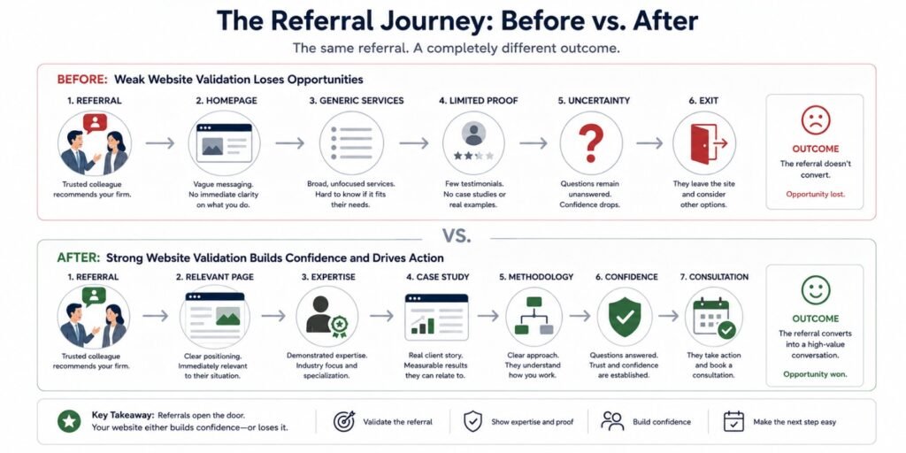 Before and after professional services referral buyer journey showing weak versus strong website validation