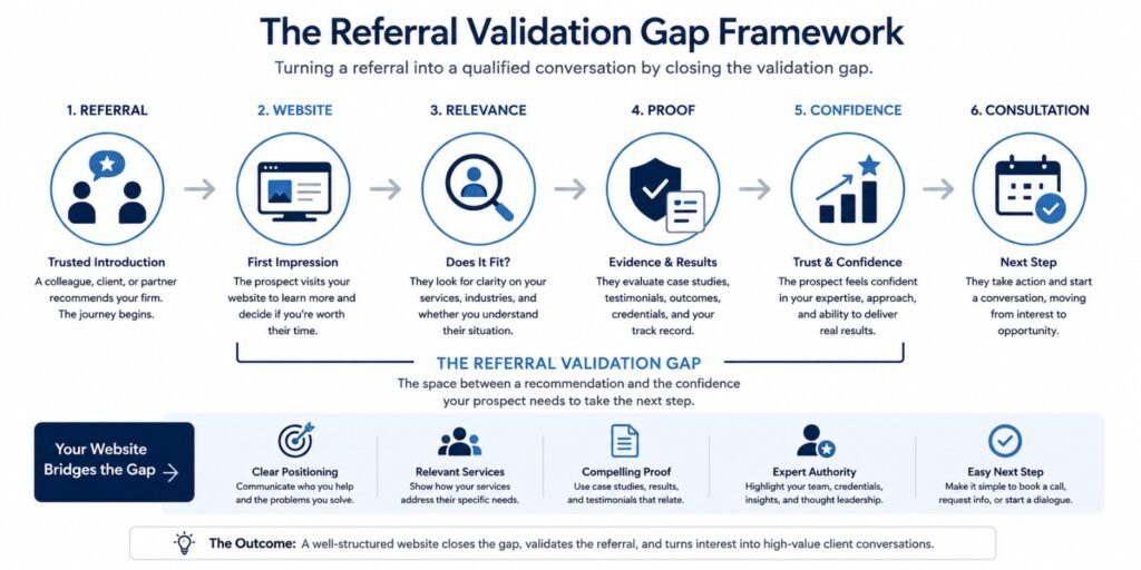 Professional services referral validation gap framework showing referral, website research, proof, confidence, and consultation