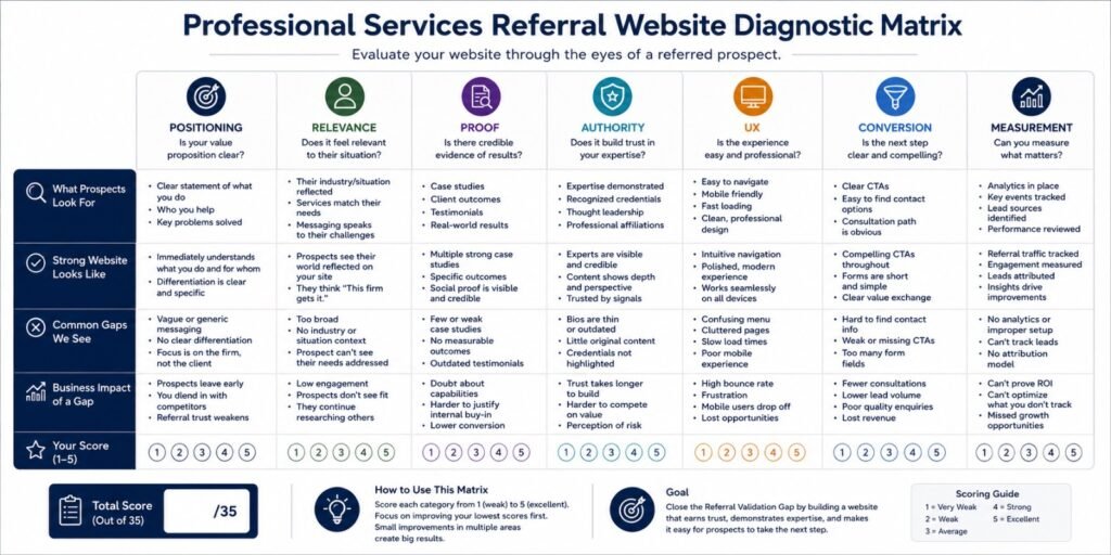 Professional services referral website
diagnostic matrix covering positioning, proof, authority, UX, conversion, and measurement