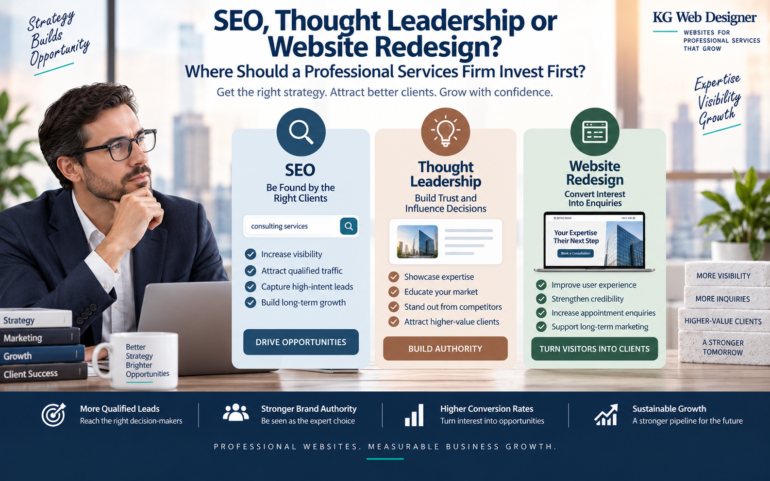 Professional services marketing strategy comparing SEO, thought leadership, and website redesign investment priorities