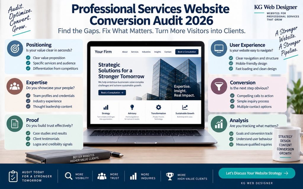 Professional services website audit showing positioning, expertise, proof, UX, and conversion opportunities