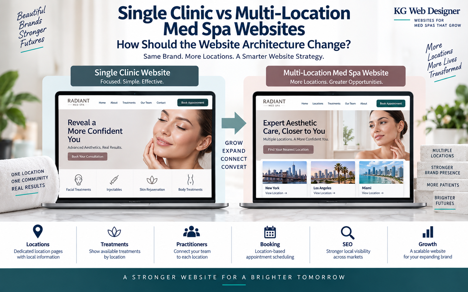 Single clinic versus multi-location med spa website architecture showing locations, treatments, practitioners, and booking paths