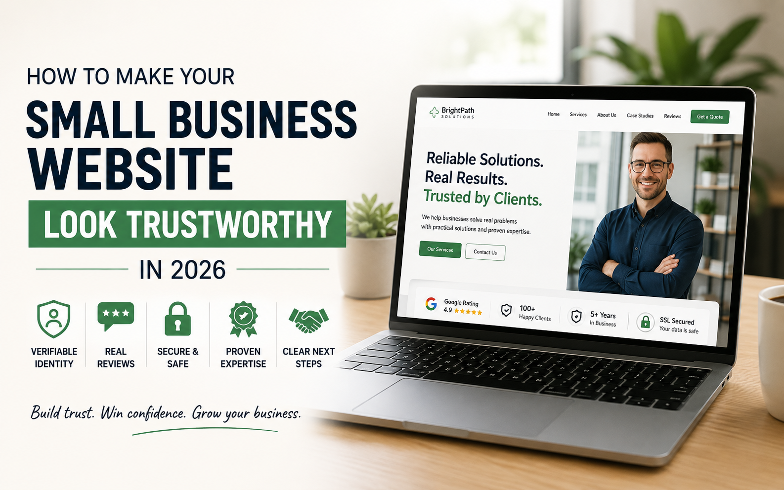 Trustworthy small business website showing real reviews, secure browsing, verified identity and proven expertise
