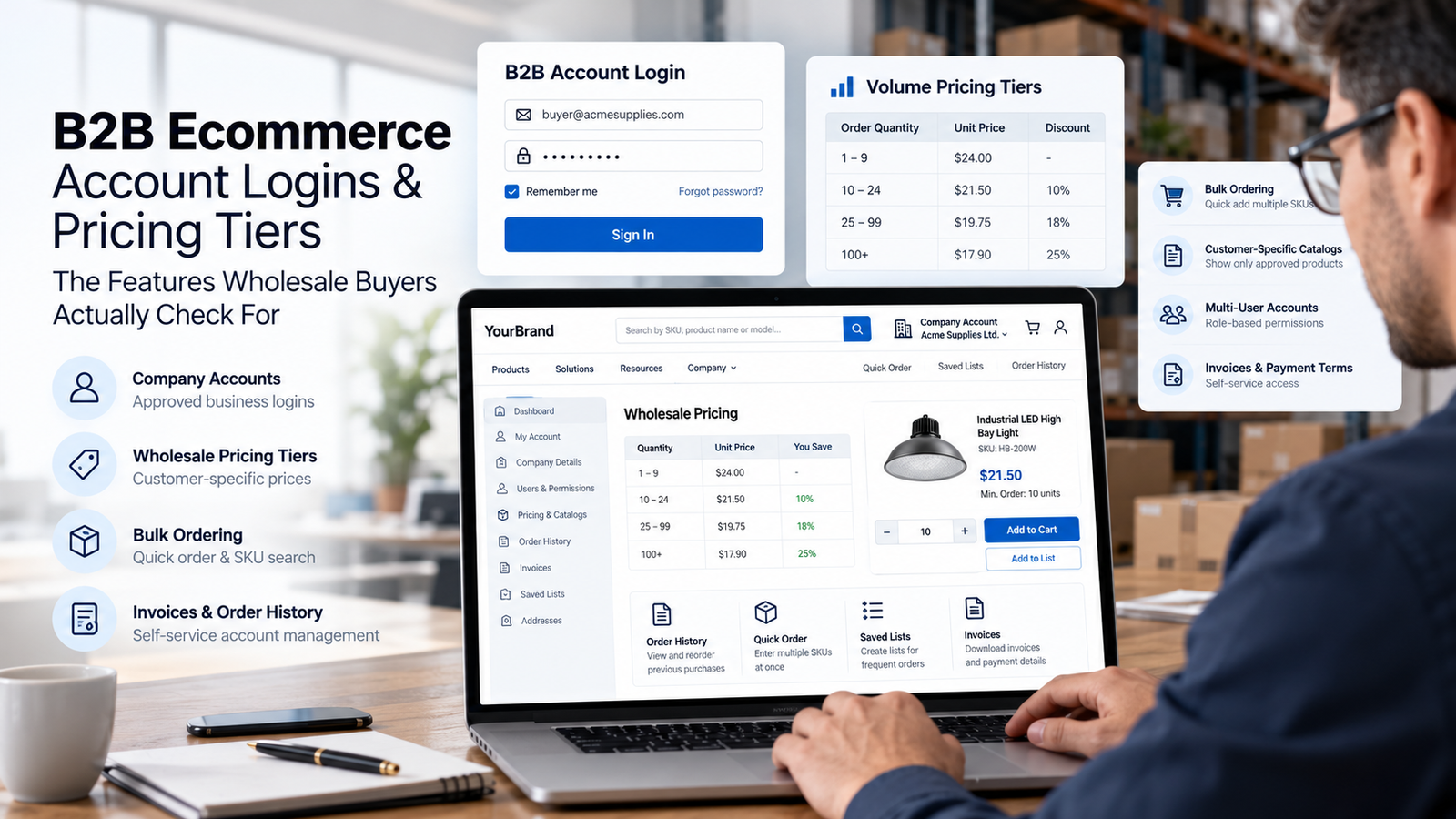 B2B ecommerce website showing wholesale account login, customer-specific pricing tiers, bulk ordering, company accounts, and invoice management.B2B ecommerce website showing wholesale account login, customer-specific pricing tiers, bulk ordering, company accounts, and invoice management.