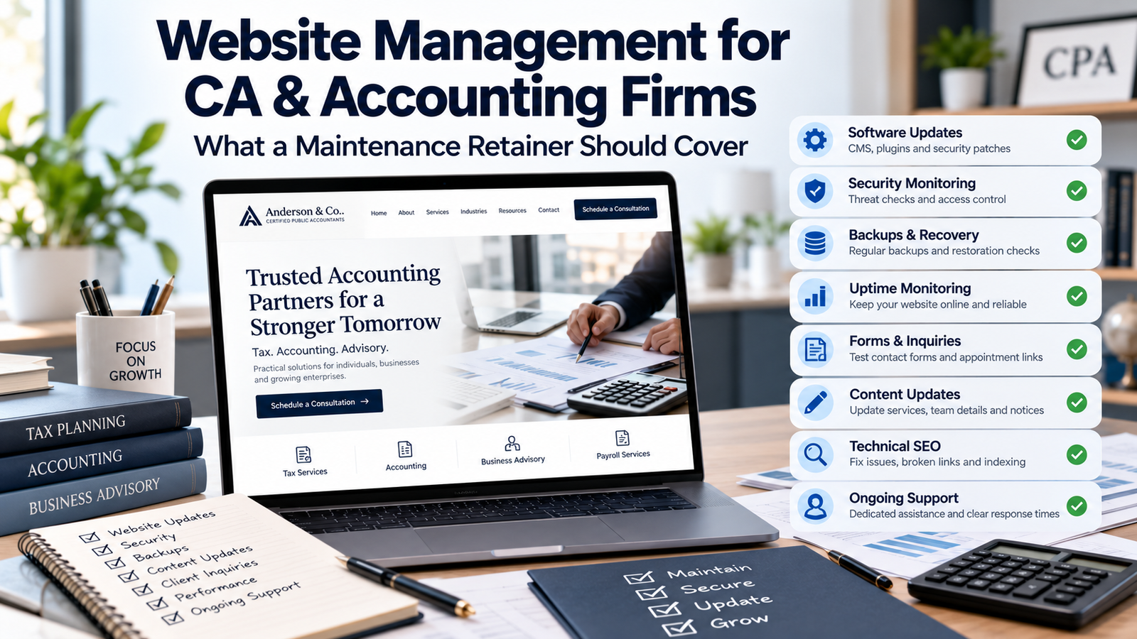 Website management retainer checklist for a CPA and accounting firm, including security, updates, backups, and support.