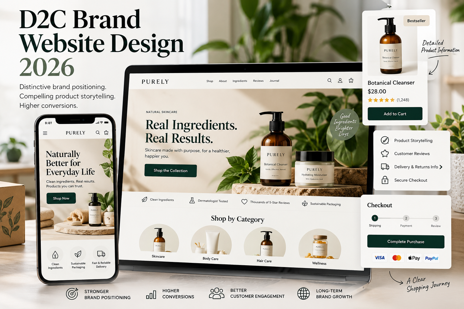 Direct-to-consumer ecommerce website showing distinctive brand positioning, product storytelling, detailed product information, and a clear shopping journey.