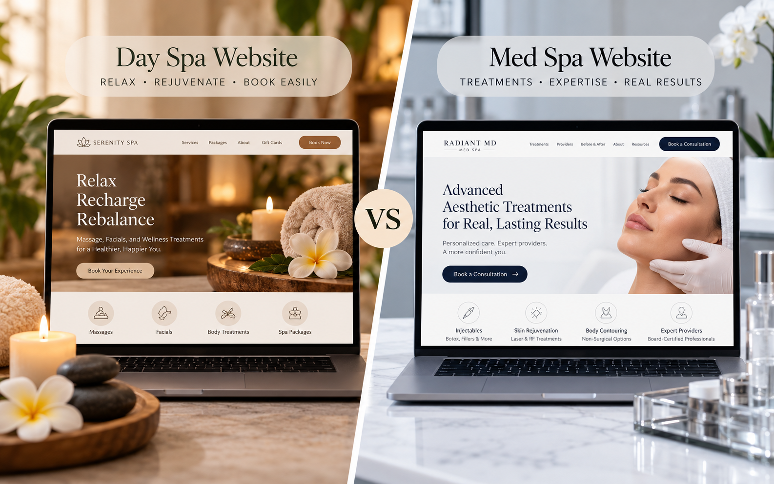 Comparison of a relaxing day spa website experience and a professional med spa website with treatment information and provider credentials.