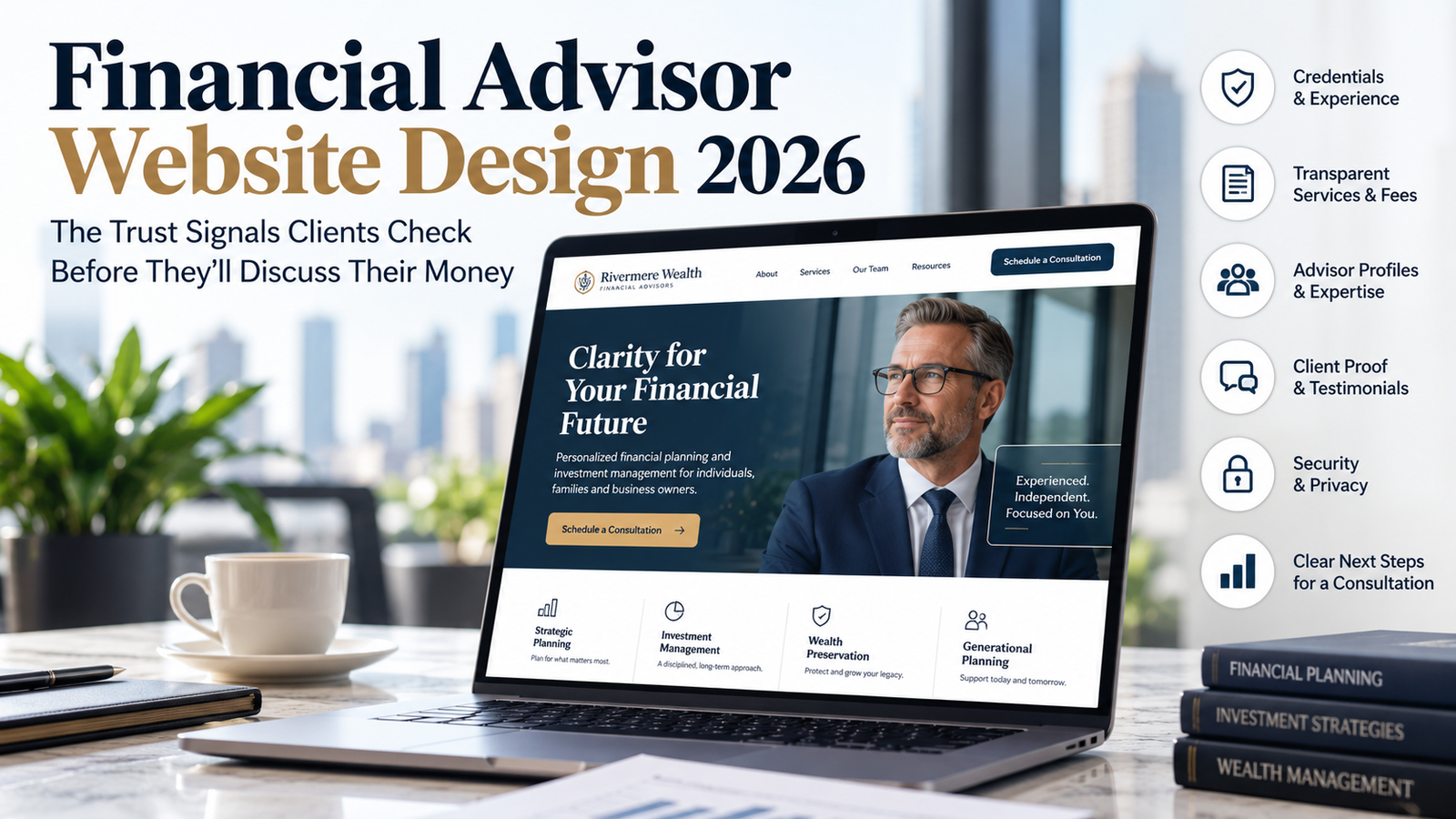 Financial advisor website design showing client trust signals