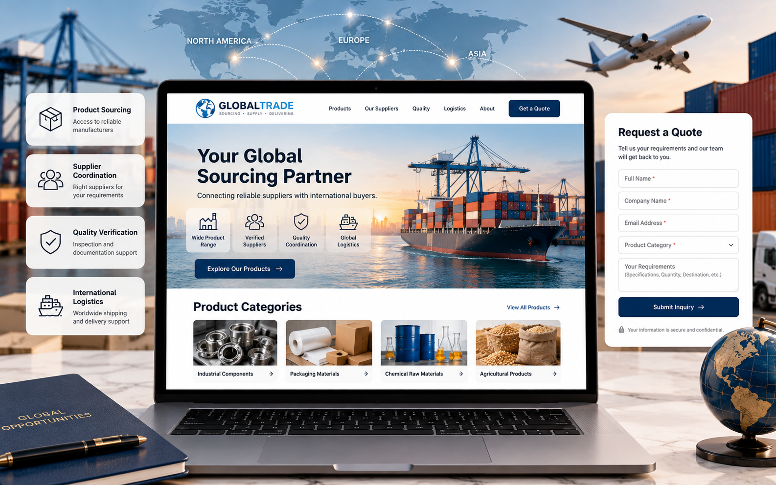 Export and import trading company website showing product categories, supplier coordination, international logistics, and a buyer inquiry form