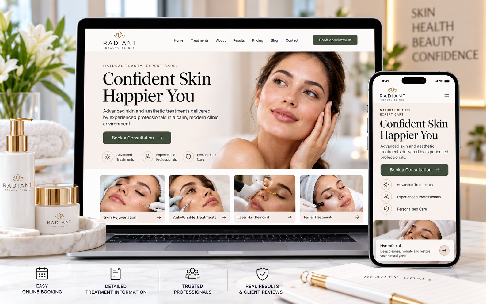 Beauty clinic website displayed on desktop and mobile with treatment information and a clear appointment booking option.