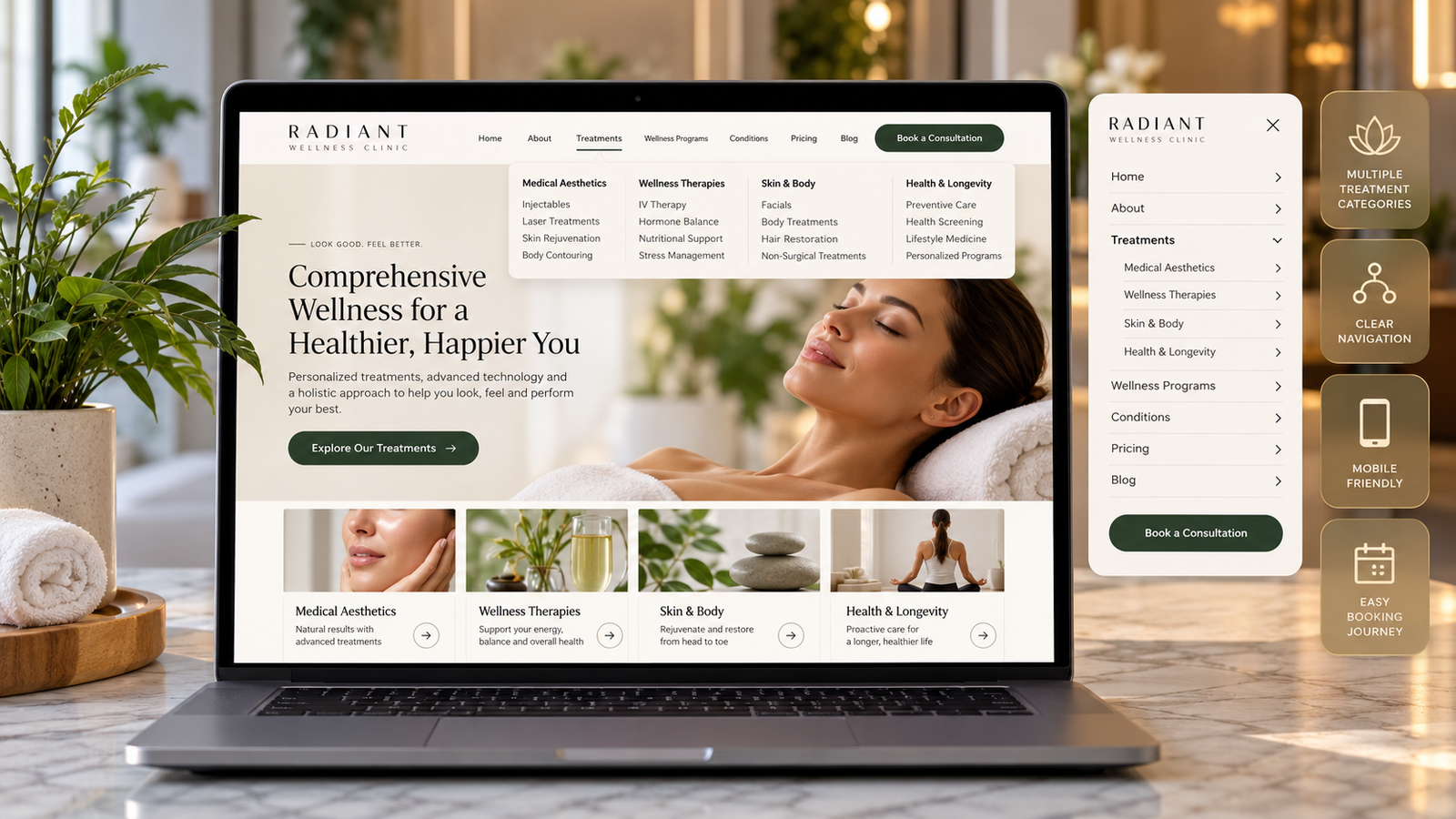 Multi-service wellness clinic website with clearly organized treatment categories and intuitive navigation.