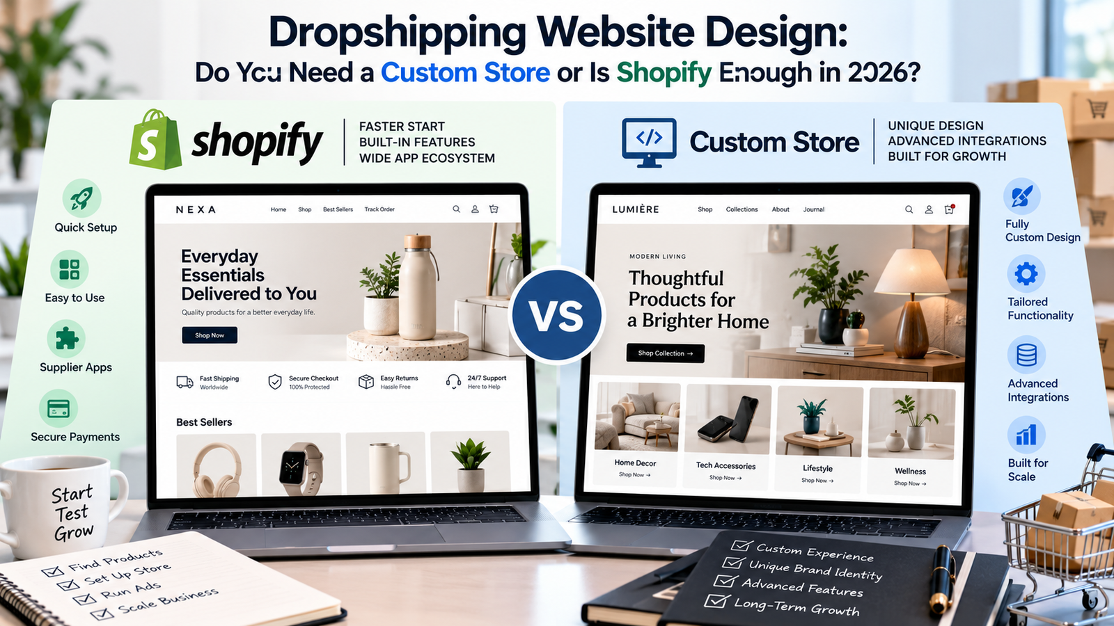 Shopify theme-based and custom dropshipping storefronts compared for ecommerce business needs.