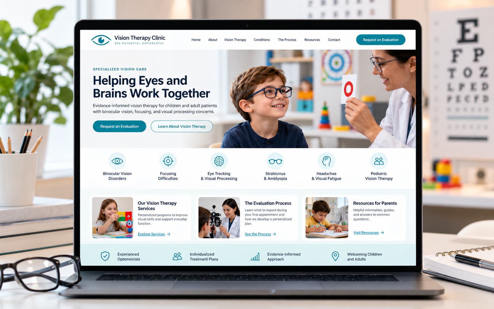 Vision therapy clinic website showing specialized services, clinician credentials, parent resources, and an appointment inquiry pathway.
