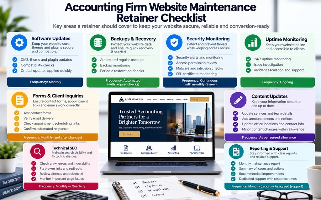 Accounting firm website maintenance checklist covering software updates, backups, security, forms, content, SEO, and reporting.