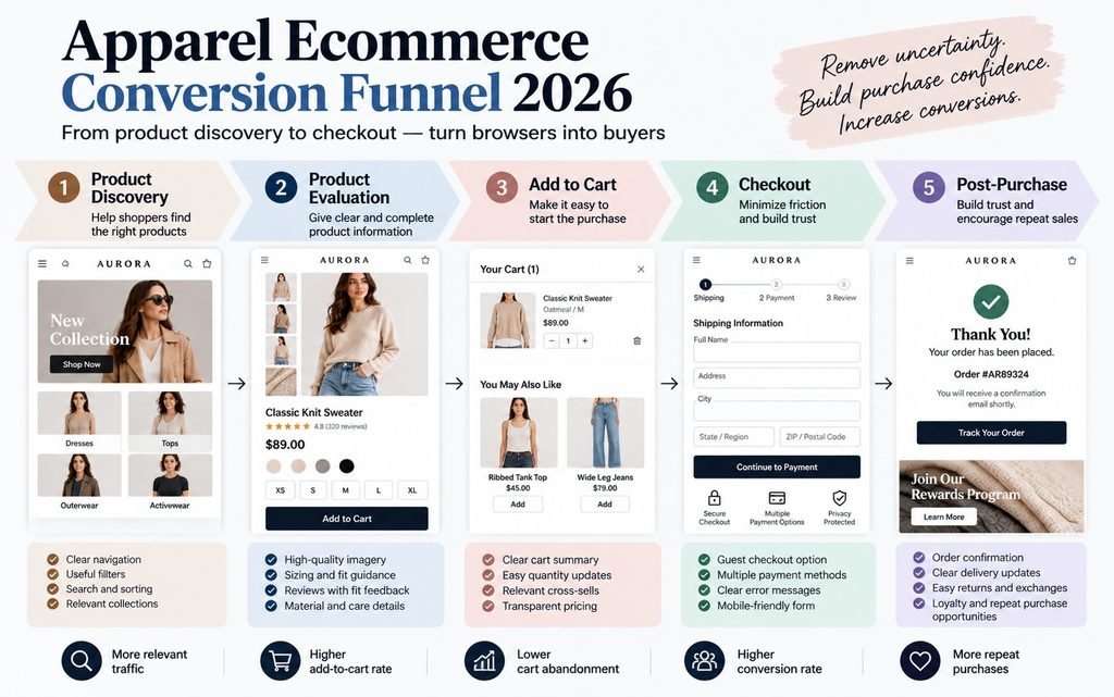 Apparel ecommerce conversion funnel from product discovery through checkout