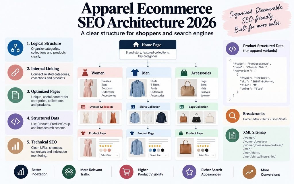 Apparel ecommerce SEO architecture connecting categories, collections, product pages, internal links, and structured data