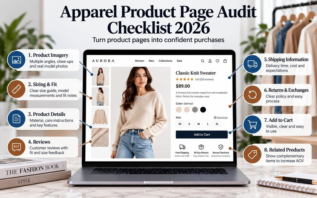 Apparel product page audit checklist covering imagery, sizing, fit, reviews, shipping, returns, and add to cart.