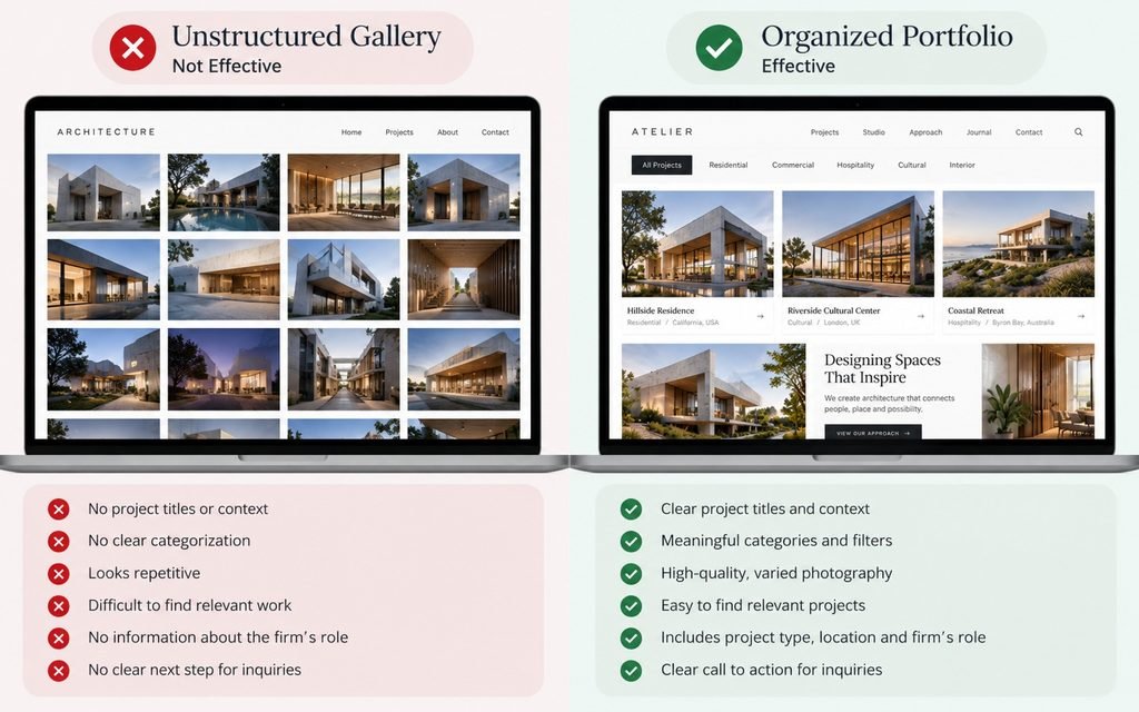Comparison of an unstructured architecture project gallery and an organized portfolio with project categories and contextual details.