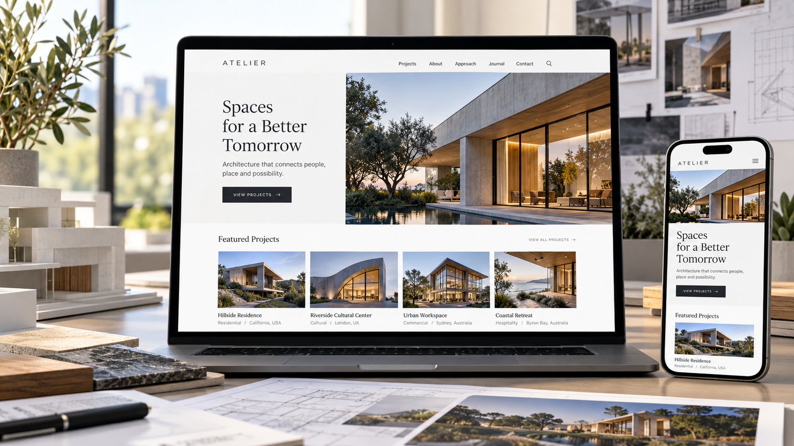 Architecture firm portfolio website featuring professional project photography, a clean layout, and clearly presented architectural work.