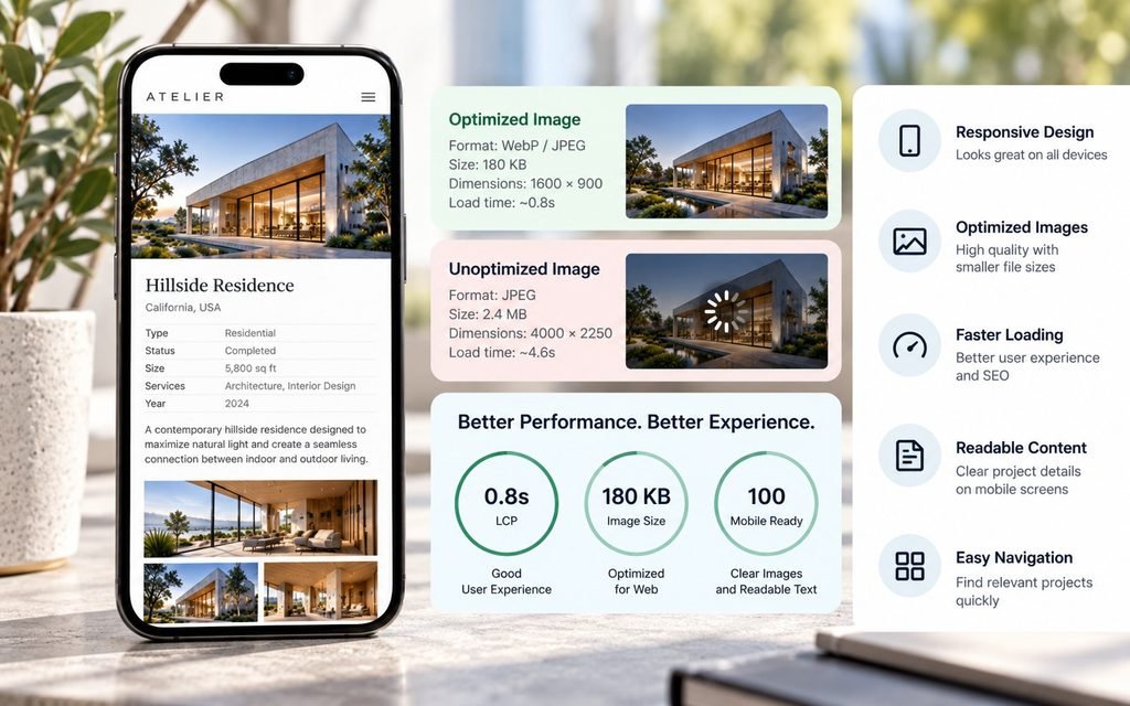 Responsive architecture portfolio showing optimized project photographs and readable project information on a mobile screen.