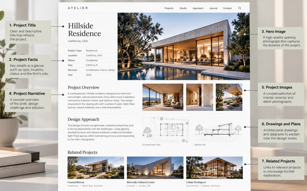 Architecture project page combining completed building photography, project facts, architectural drawings, and a concise design narrative.