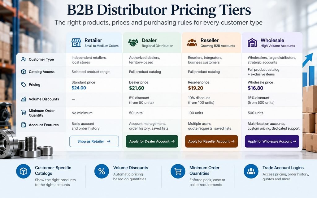 B2B distributor pricing structure showing customer-specific      catalogs, volume discounts, and minimum order quantities.