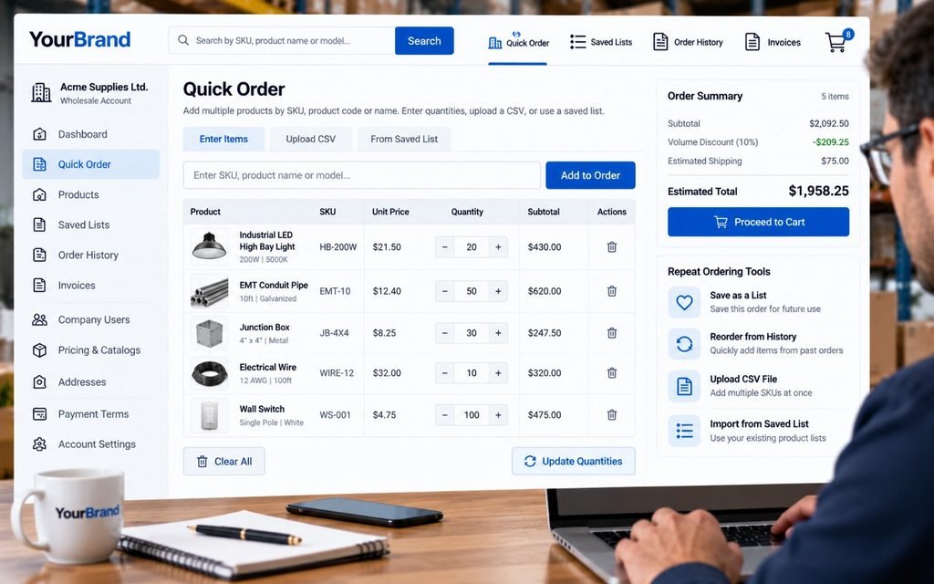 Wholesale ecommerce bulk-order interface with SKU search, product quantities, order entry, and repeat-purchase tools.