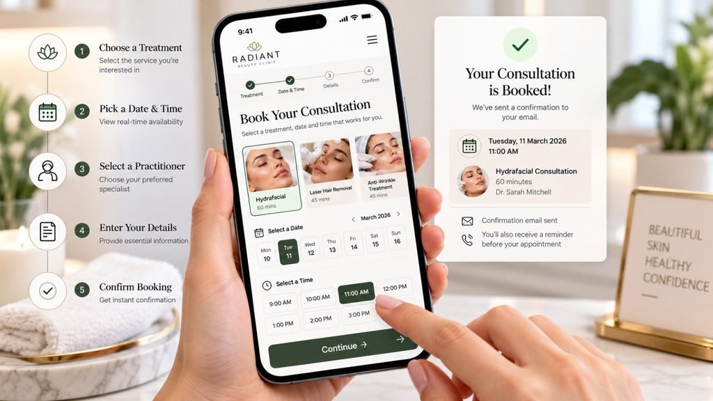 Mobile beauty clinic booking page showing treatment selection, appointment availability, and consultation scheduling