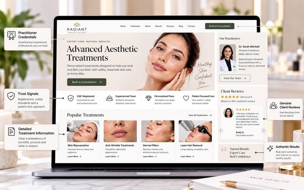 Beauty clinic website featuring practitioner credentials, treatment information, and authentic client reviews
