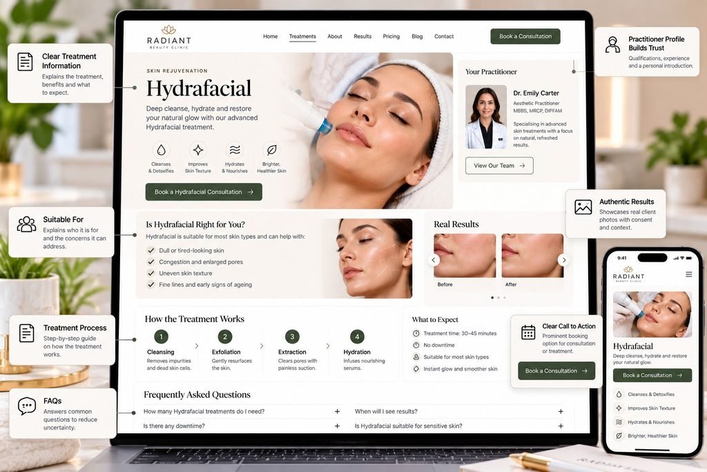 Beauty treatment website page with service details, suitability information, practitioner profile, and consultation call to action