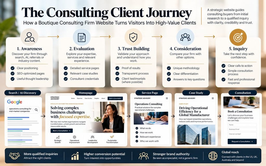 Consulting client journey showing how a boutique consulting website guides buyers from discovery and evaluation to trust, consideration, and qualified inquiry.