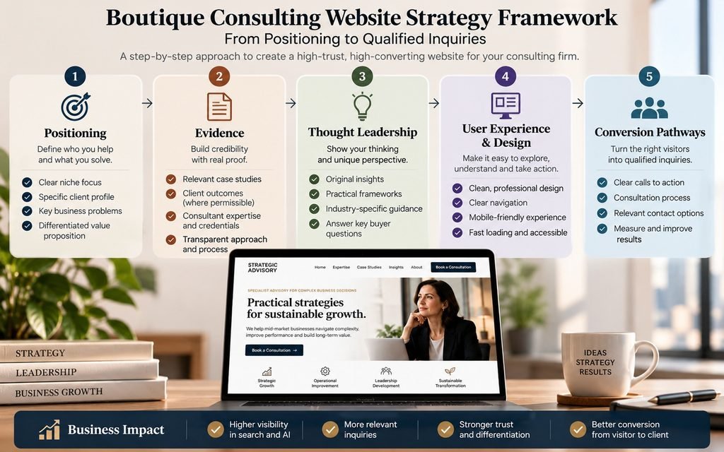 Website strategy framework showing positioning, evidence, thought leadership, and conversion pathways for boutique consultancies.