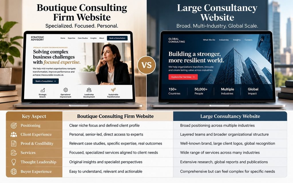 Comparison of boutique and large consulting firm websites across positioning, proof, expertise, and buyer experience.