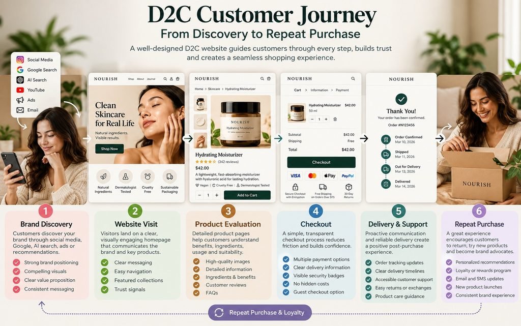 D2C customer journey from brand discovery and product evaluation to checkout, delivery, and repeat purchase.