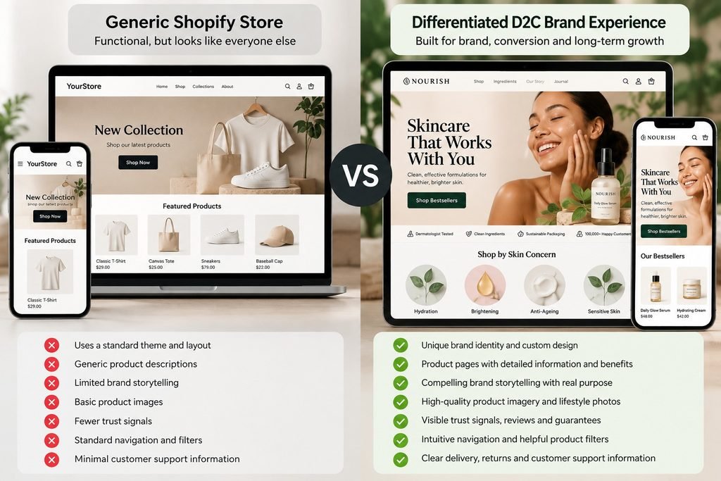 Comparison of a generic ecommerce storefront and a differentiated D2C brand experience with product education, trust signals, and clear navigation.