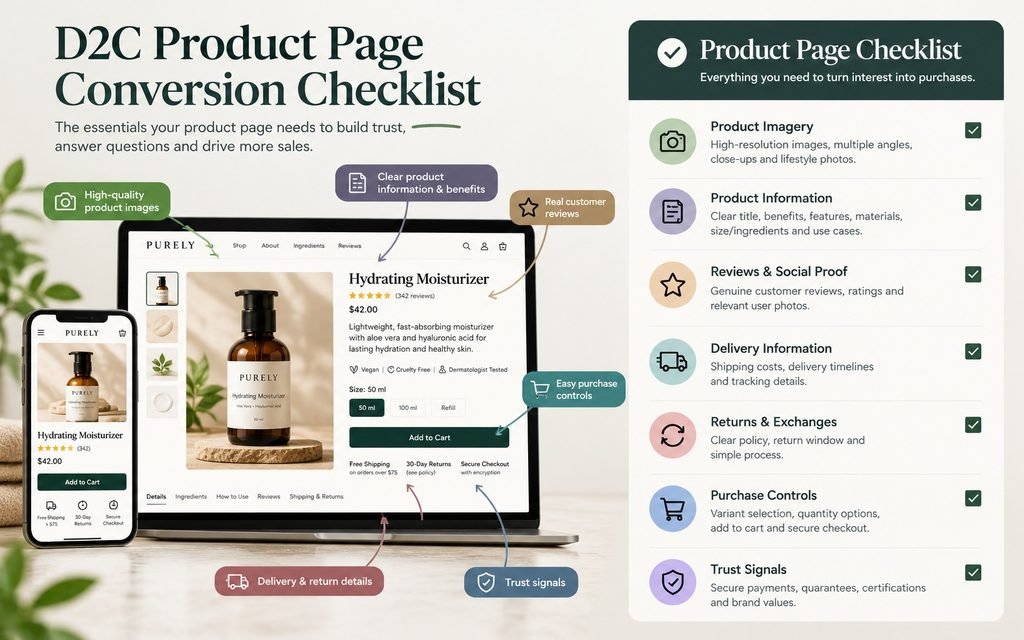 D2C product page checklist covering product imagery, specifications, reviews, delivery information, returns, and purchase controls.