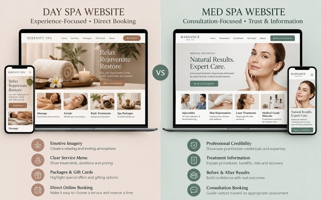 Side-by-side comparison of day spa service booking and med spa consultation-focused website layouts.