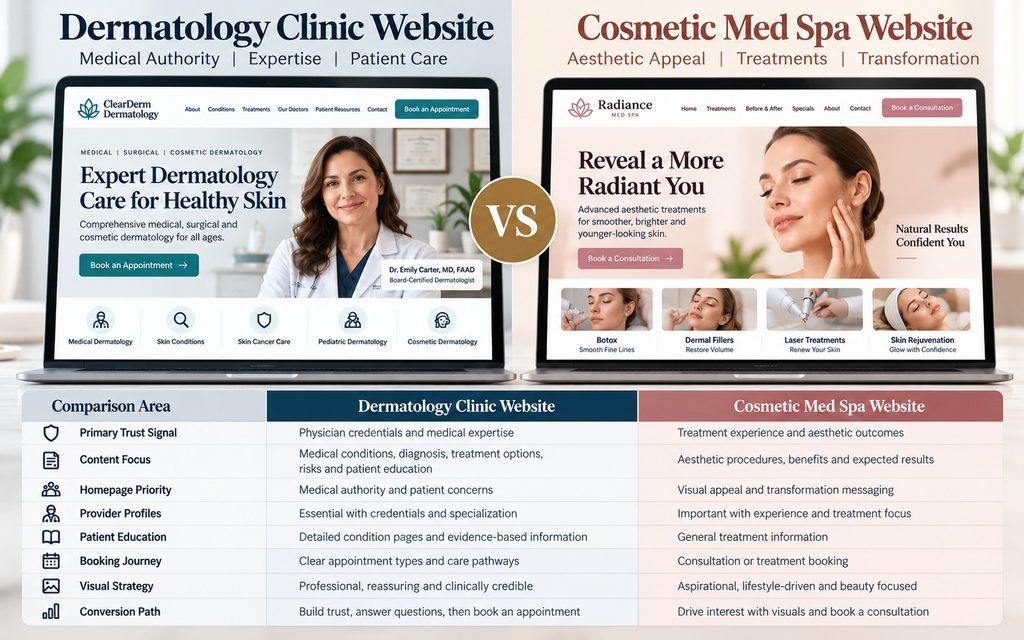 Dermatology clinic website versus cosmetic med spa website comparison showing medical authority, content depth, trust signals, and conversion paths