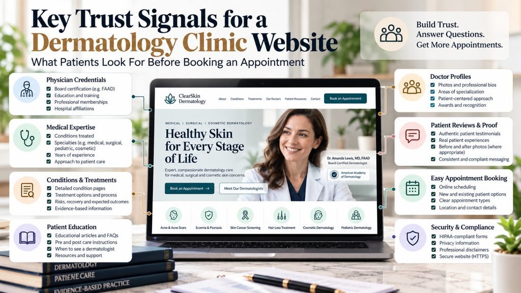 Dermatology website patient trust signals including physician credentials, medical expertise, conditions, treatment information, and appointment booking