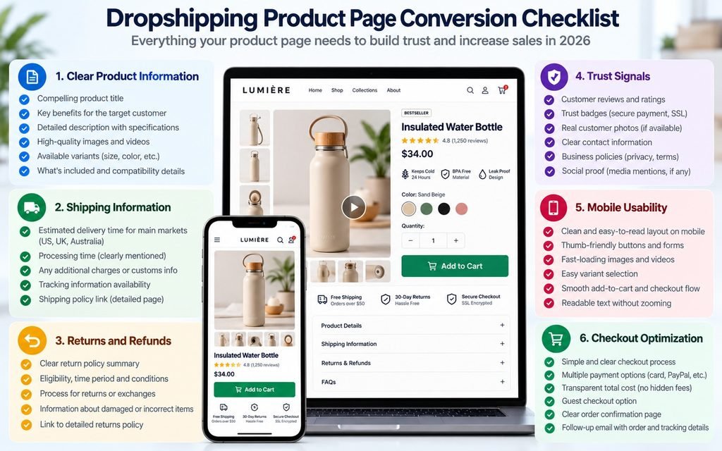 Dropshipping product-page checklist covering product clarity, shipping, returns, trust, mobile usability, and checkout.