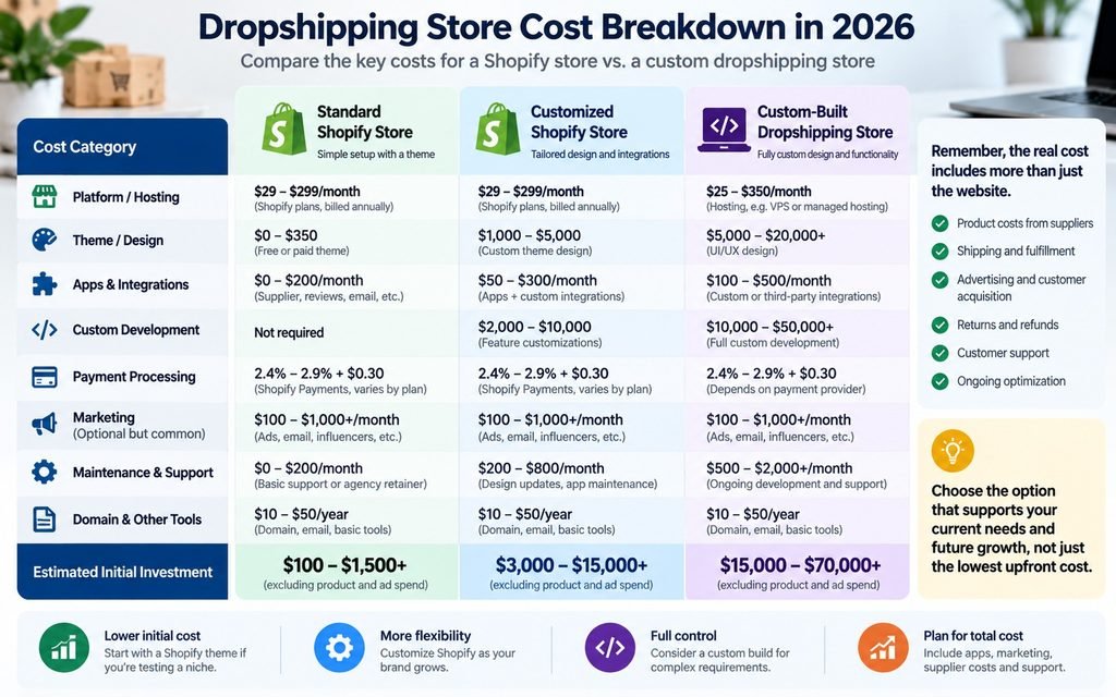 Dropshipping store cost categories including platform fees, themes, apps, development, payments, and maintenance.
